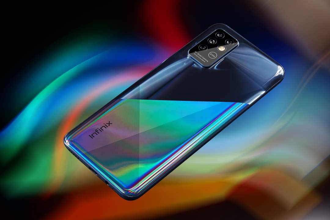  A render of the Infinix X6860 foldable smartphone, which has a gradient blue and black color scheme and a quad-camera setup on the back.