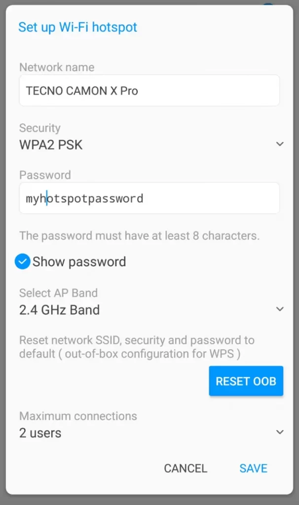 hotspot android password